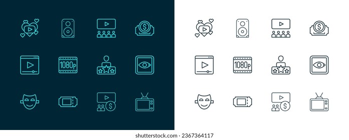 Set line Cinema Ticket, Schauspieler Star, Hörsaal mit Bildschirm, Full HD 1080p, Romantischer Film und Stereo Lautsprecher Symbol. Vektorgrafik