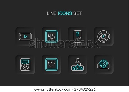 Set line Cinema ticket, Actor star, Like heart, CD disk award frame, Camera shutter, Backstage, Rating movie and Online play video icon. Vector