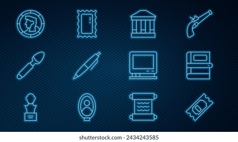 Set line Entrada de cine, libro, edificio del museo, pluma, cuchara de plata, moneda antigua, tv retro y gran icono de espejo de longitud completa. Vector
