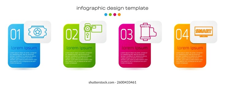 Set line Cinema ticket, Cinema camera, Camera vintage film roll cartridge and Screen tv with Smart video. Business infographic template. Vector
