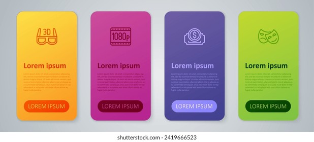 Set line Cinema ticket, Comedy and tragedy masks, 3D cinema glasses and Full HD 1080p. Business infographic template. Vector