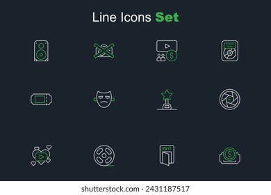 Set line Cinema ticket, Fire exit, Film reel, Romantic movie, Camera shutter, Movie trophy, Drama theatrical mask and  icon. Vector