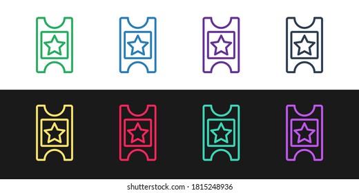 Fijar la línea Icono de boleto de cine aislado en fondo blanco y negro. Vector.