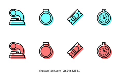 Set line Cinema ticket, Old gramophone, Gold ring and Pocket watch icon. Vector