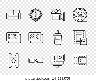 Set line Cinema ticket, Play Video, camera, 3D cinema glasses, chair, 8k Ultra HD, Action extreme and  icon. Vector