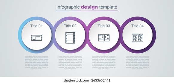 Set line Cinema ticket, Play Video, Stacks paper money cash and Online play video. Business infographic template. Vector