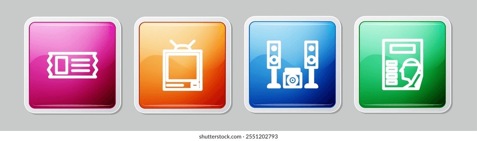 Set line Cinema ticket, Retro tv, Home stereo with two speakers and poster. Colorful square button. Vector