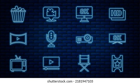 Set line Cinema ticket, Screen tv with 8k, Monitor, Microphone, Online play video, Popcorn box, Media projector and Camera and location icon. Vector