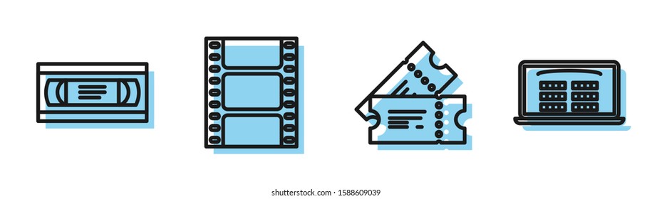 Set line Cinema ticket , VHS video cassette tape , Play Video  and Buy cinema ticket online  icon. Vector