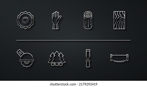 Set line Circular saw blade, Electric circular, Wooden beam, Chisel tool, Christmas tree, Protective gloves, Two-handed and logs icon. Vector