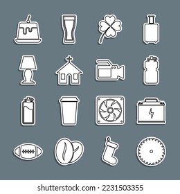 Set line Circular saw blade, Car battery, Sport bottle with water, Four leaf clover, Church building, Table lamp, Pudding custard and Cinema camera icon. Vector