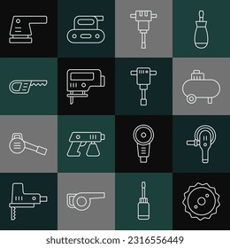 Set line Circular saw blade, Angle grinder, Air compressor, Construction jackhammer, Electric jigsaw, Reciprocating, sander and  icon. Vector