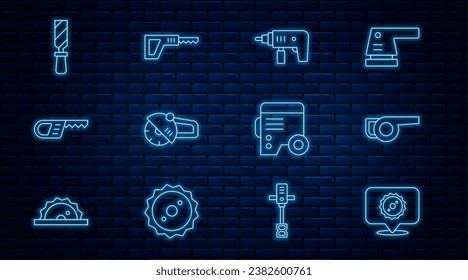 Set line Circular saw blade, Leaf garden blower, Electric drill machine, Angle grinder, Reciprocating, Rasp metal file, Power electric generator and  icon. Vector