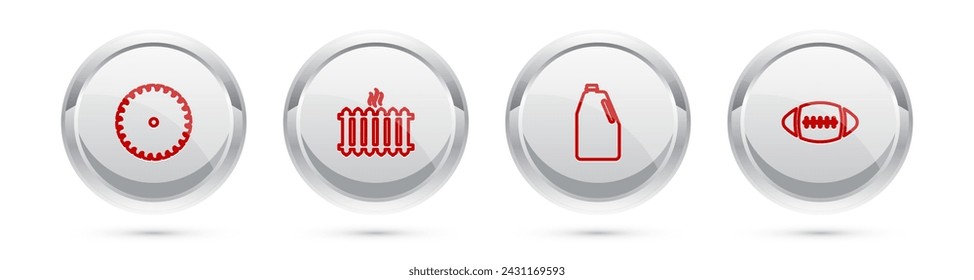 Set line Circular saw blade, Heating radiator, Household chemicals bottle and American Football ball. Silver circle button. Vector