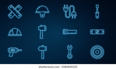 Set line Circular saw blade, Construction bubble level, Electric plug, Wooden axe, Worker safety helmet, Crossed ruler, Hand and  icon. Vector