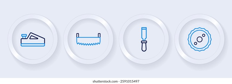 Set line Circular saw blade, Chisel tool, Two-handed and Wood plane icon. Vector