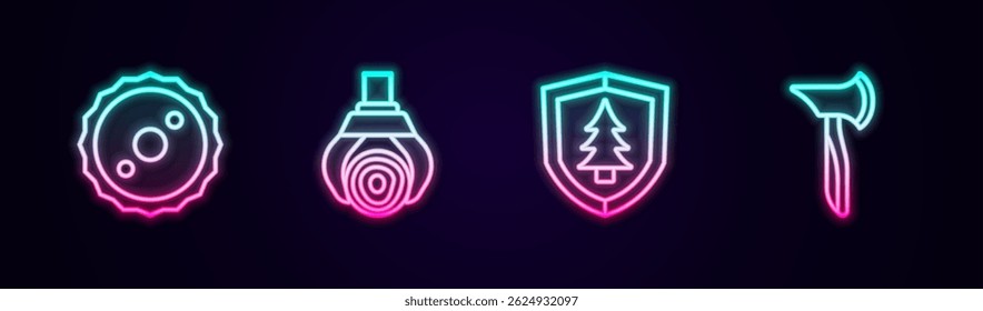 Set line Circular saw blade, Grapple crane grabbed log, Shield with tree and Wooden axe. Glowing neon icon. Vector