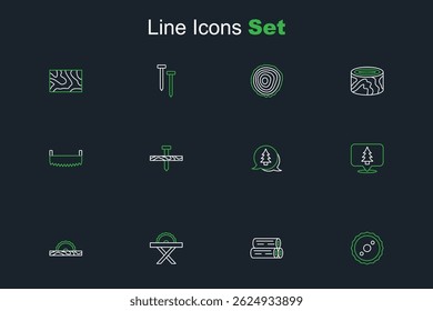 Set line Lâmina de serra circular, Log de madeira, circular elétrica, Localização da floresta, Árvore, prego metálico e ícone de duas mãos. Vetor