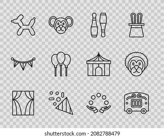 Set line Circus curtain raises, wagon, Bowling pin, Festive confetti, Balloon dog, Balloons with ribbon, Juggling ball and Wild lion icon. Vector