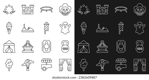 Set line Circus curtain raises, Weight, Ghost, Jumping trampoline, Bumper car, Ice cream waffle cone, Juggling ball and Firework rocket icon. Vector