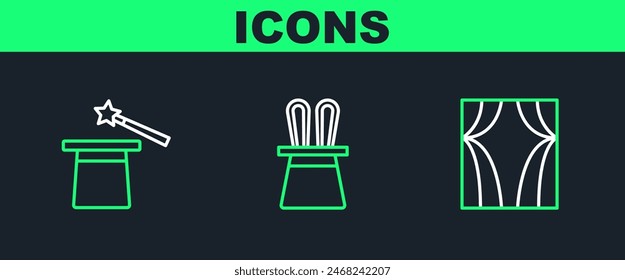 Set line Circus curtain raises, Magic hat and wand and Magician rabbit ears icon. Vector