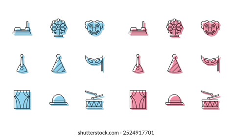 Set line Circus curtain raises, Clown hat, Bumper car, Drum with drum sticks, Party, Festive mask, Balalaika and Ferris wheel icon. Vector