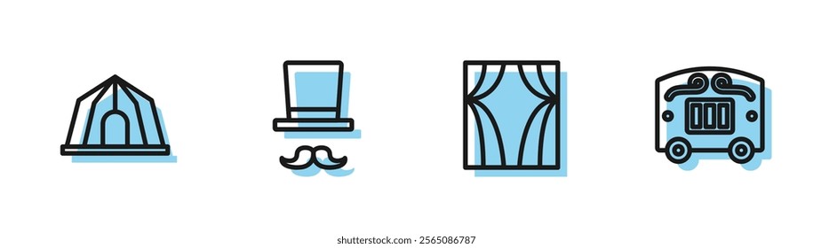 Set line Circus curtain raises, tent, Magician and wagon icon. Vector