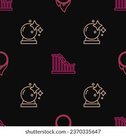 Set line Circus fire hoop, Magic ball and Roller coaster on seamless pattern. Vector