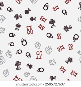 Set line Circus fire hoop, Attraction carousel, Playing cards and Bowling pin on seamless pattern. Vector