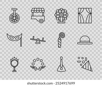 Set line Circus fire hoop, Festive confetti, Ferris wheel, Juggling ball, Unicycle or one bicycle, Seesaw, Balalaika and Clown hat icon. Vector