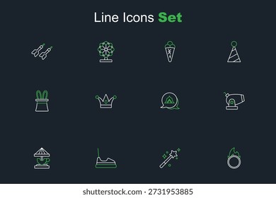 Set line Circus fire hoop, Magic wand, Bumper car, Attraction carousel, Cannon, tent, Jester hat with bells and Magician rabbit ears icon. Vector
