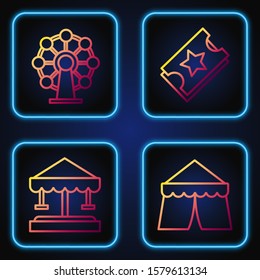Set line Circus tent, Attraction carousel, Ferris wheel and Ticket. Gradient color icons. Vector