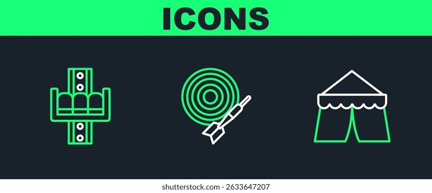 Set line Circus tent, Attraction carousel and Classic dart board and arrow icon. Vector