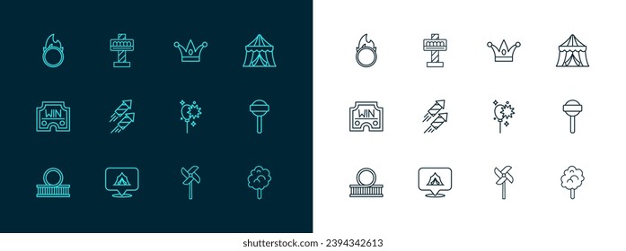 Set line Circus tent, Balloons with ribbon, Pinwheel toy, Firework rocket, Jester hat bells, fire hoop and Attraction carousel icon. Vector