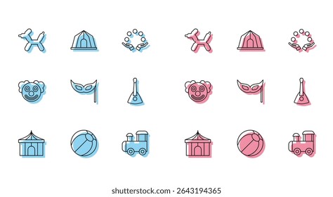 Set line Circus tent, Beach ball, Balloon dog, Toy train, Festive mask, Balalaika, Clown head and  icon. Vector