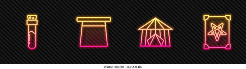 Set line Circus tent, Bottle with potion, Magic hat and Ancient magic book. Glowing neon icon. Vector