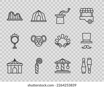 Set line Circus tent, Bowling pin, Magician hat, Birthday party horn, Roller coaster, Monkey, Attraction carousel and  icon. Vector