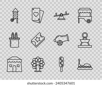 Fijar la línea de tienda Circus, el auto Bumper, Seesaw, la rueda de la fortuna, el cohete Firework, el Ticket, el perro de maíz y el icono del carrusel de la atracción. Vector