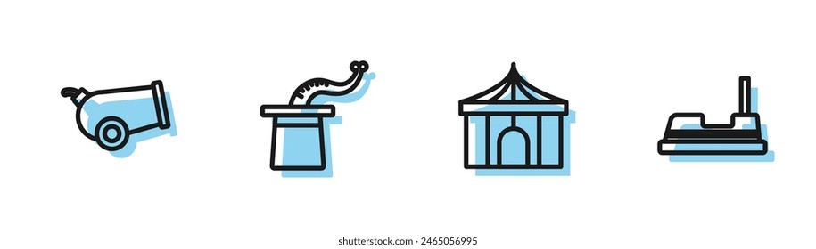 Set line Carpa de circo, cañón, sombrero de mago e icono de coche de parachoques. Vector