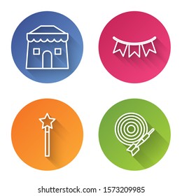 Set line Circus tent, Carnival garland with flags, Magic wand and Classic dart board and arrow. Color circle button. Vector