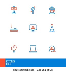 Set line Circus tent, Cylinder hat, Cotton candy, Party, Bumper car, Attraction carousel and Magic hand mirror icon. Vector