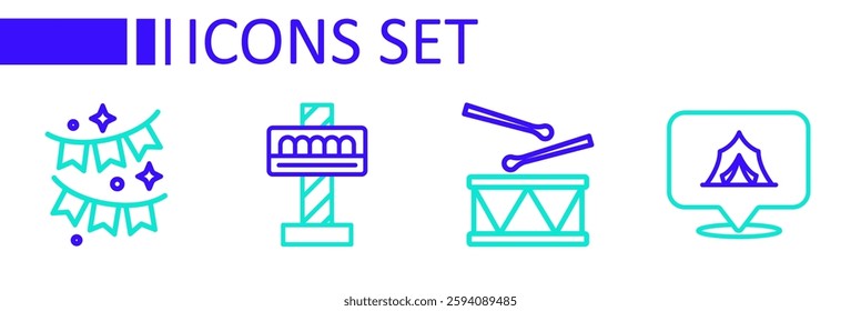 Set line Circus tent, Drum with drum sticks, Attraction carousel and Carnival garland flags icon. Vector