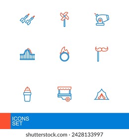 Tienda de circo, carrito de comida rápida, helado en gofre, bigote de papel en palo, montaña rusa, aro de fuego, cañón e icono de juguete Pinwheel. Vector