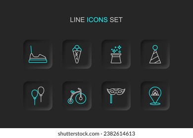 Set line Circus tent, Festive mask, Vintage bicycle, Balloons with ribbon, Party hat, Magician, Ice cream waffle and Bumper car icon. Vector