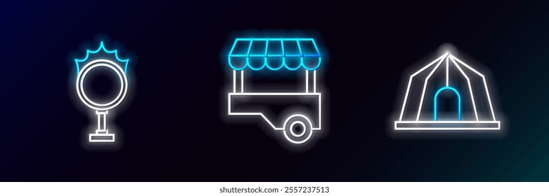 Set line Circus tent, fire hoop and Fast street food cart icon. Glowing neon. Vector