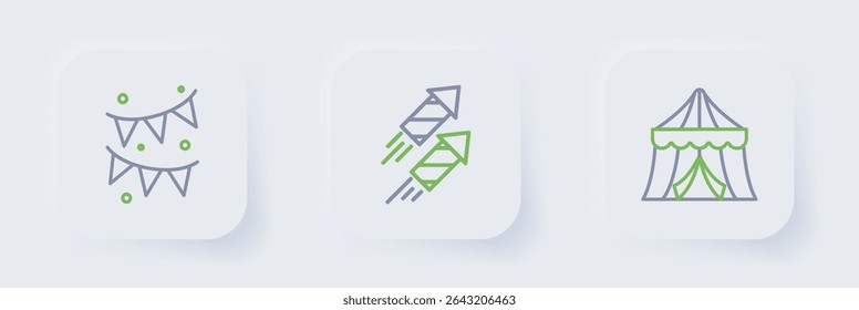 Set line Circus tent, Firework rocket and Carnival garland with flags icon. Vector