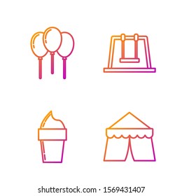 Set line Circus tent, Ice cream in waffle cone, Balloons with ribbon and Swing. Gradient color icons. Vector