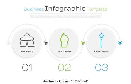 Set line Circus tent, Ice cream in waffle cone and Magic wand. Business infographic template. Vector