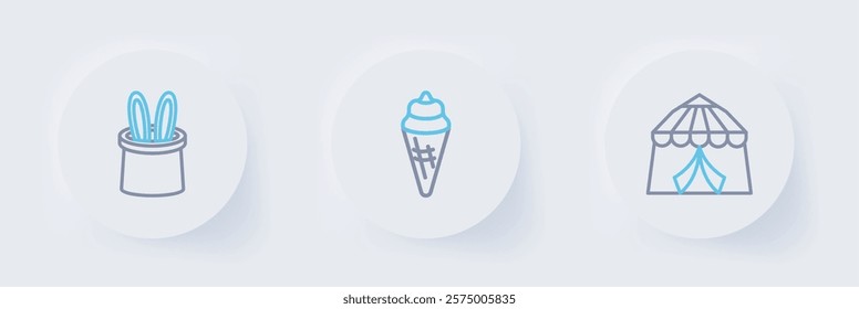 Set line Circus tent, Ice cream in waffle cone and Magician hat and rabbit ears icon. Vector