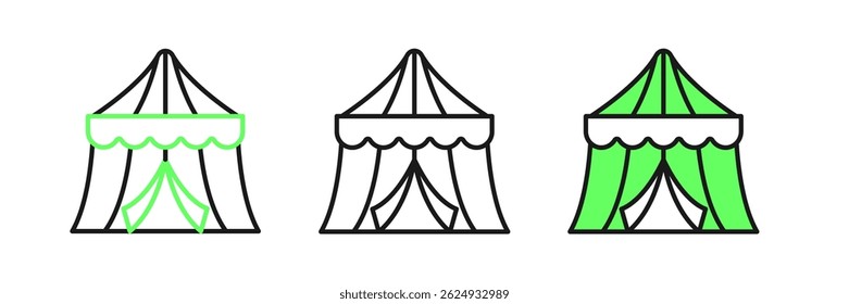 Set line Circus tent icon isolated on white background. Carnival camping tent. Amusement park.  Vector